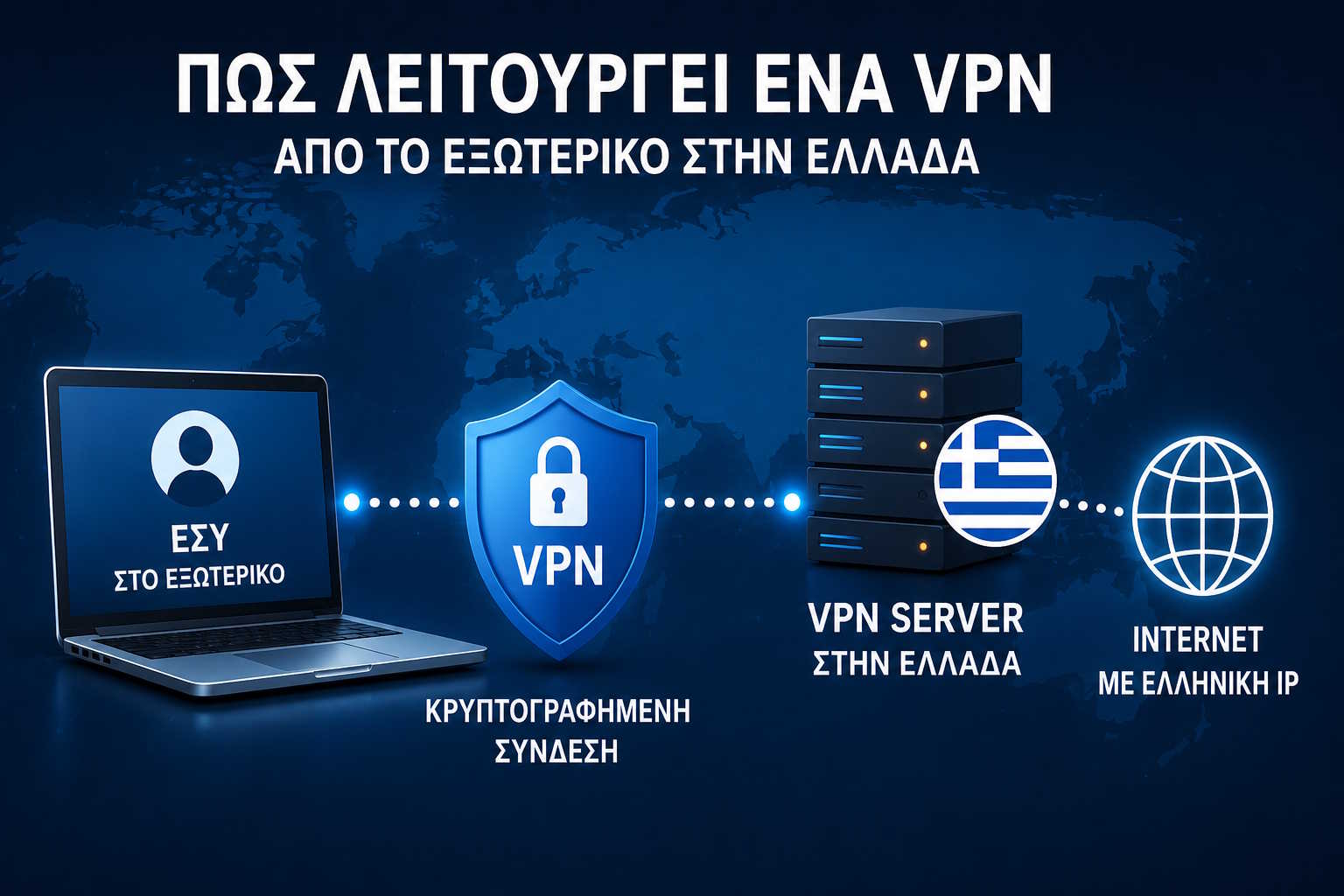 Diagram of how a VPN works from abroad to a Greek server - encrypted connection to the VPN Server in Greece and out to the Internet with a Greek IP