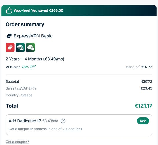 Στιγμιότυπο checkout ExpressVPN για πελάτη Ελλάδας: τελικό ποσό 121,17€ με ΦΠΑ 23,45€ πάνω στη διαφημιζόμενη τιμή 3,49€/μήνα