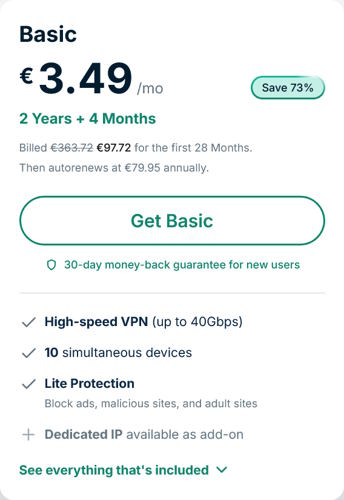 Σελίδα τιμολόγησης ExpressVPN: 3,49€/μήνα, 2 έτη + 4 μήνες, 97,72€ για την πρώτη περίοδο, ανανέωση 79,95€/έτος