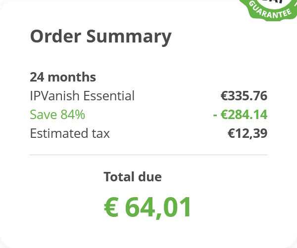 Στιγμιότυπο checkout IPVanish για πελάτη Ελλάδας: τελικό ποσό 64,01€, εκτιμώμενος φόρος 12,39€ πάνω στη διαφημιζόμενη τιμή 2,15€/μήνα