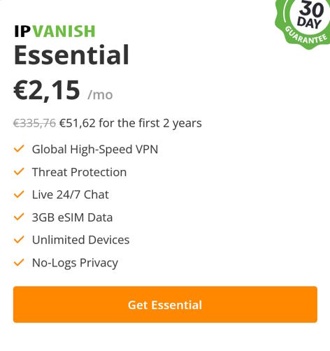 Σελίδα τιμολόγησης IPVanish: 2,15€/μήνα, 51,62€ για τα πρώτα 2 χρόνια