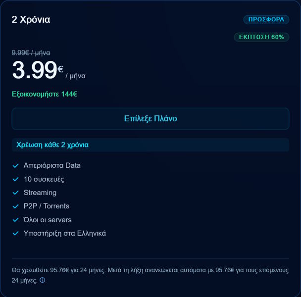 Σελίδα τιμολόγησης K1VPN: 3,99€/μήνα, χρέωση 95,76€ για 24 μήνες, ανανέωση 95,76€ για τους επόμενους 24 μήνες