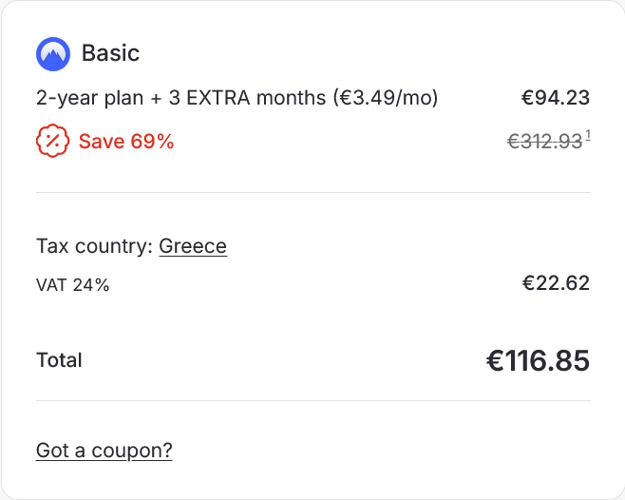 Στιγμιότυπο checkout NordVPN για πελάτη Ελλάδας: τελικό ποσό 116,85€ με ΦΠΑ 22,62€ πάνω στη διαφημιζόμενη τιμή 3,49€/μήνα