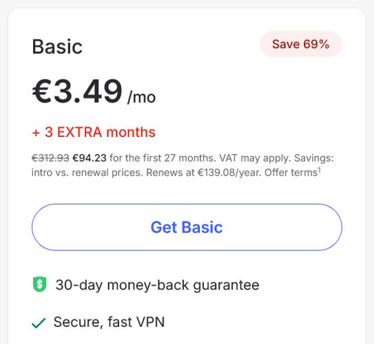 Σελίδα τιμολόγησης NordVPN: 3,49€/μήνα, 27 μήνες, 94,23€ για την πρώτη περίοδο, ανανέωση 139,08€/έτος