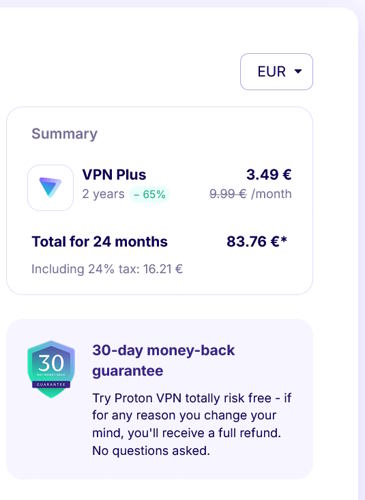 Στιγμιότυπο checkout Proton VPN για πελάτη Ελλάδας: τελικό ποσό 83,76€, ΦΠΑ 16,21€ ήδη συμπεριλαμβανόμενο στη διαφημιζόμενη τιμή 3,49€/μήνα