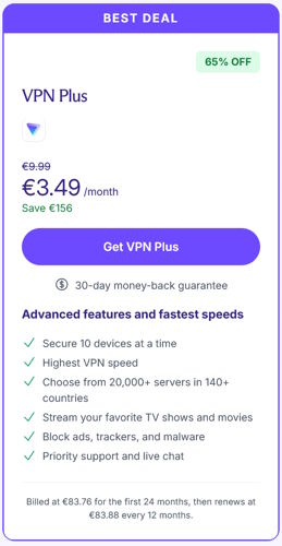 Σελίδα τιμολόγησης Proton VPN: 3,49€/μήνα, χρέωση 83,76€ για τους πρώτους 24 μήνες, ανανέωση 83,88€ κάθε 12 μήνες