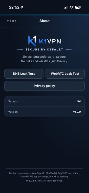 K1VPN app About screen with the DNS leak and WebRTC leak test tools