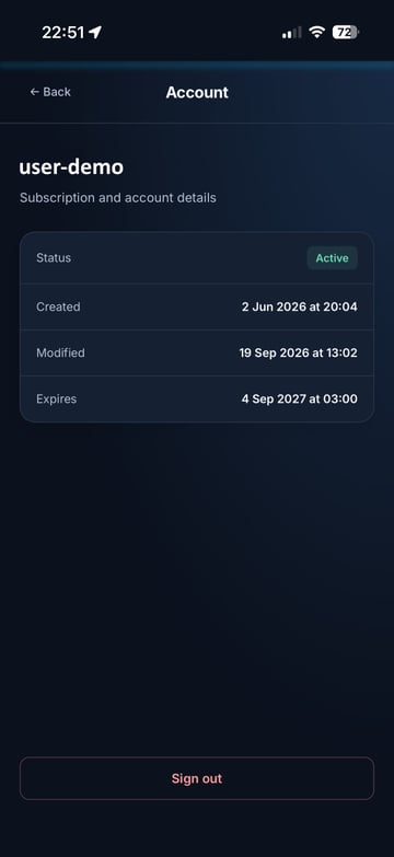 K1VPN app Account screen showing the VPN subscription start and expiry dates