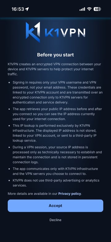 BEFORE YOU START screen of the new K1VPN VPN app with first launch information