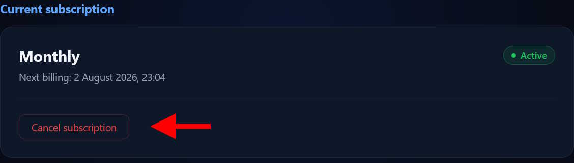 Canceling a subscription in the K1VPN dashboard