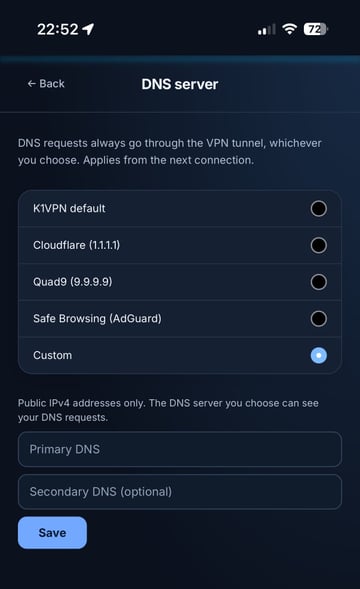 K1VPN app DNS setting with the default K1VPN DNS and alternative DNS servers