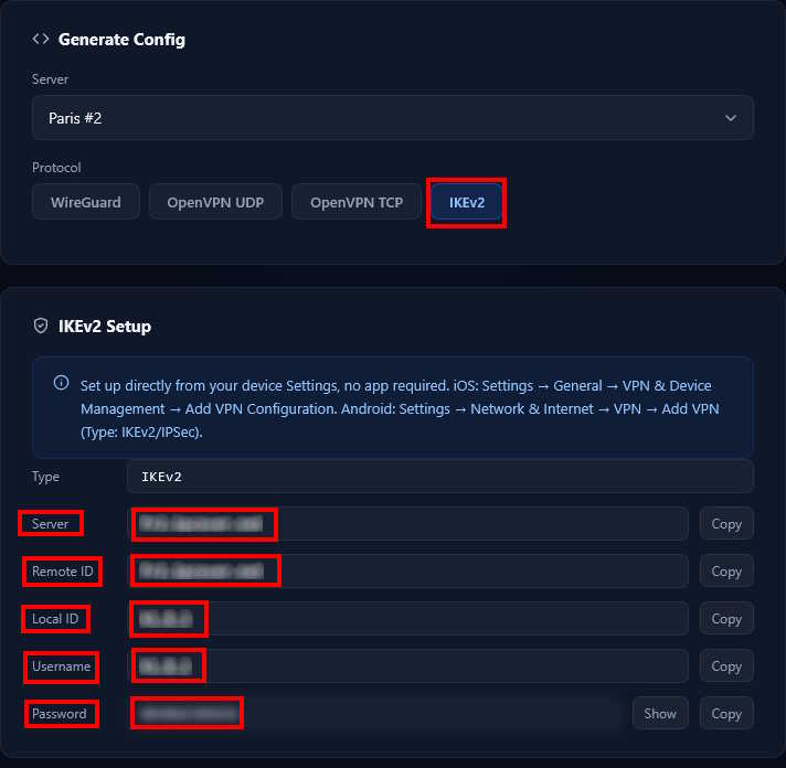 IKEv2 connection details in the K1VPN dashboard