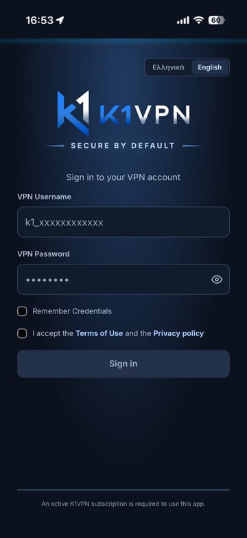K1VPN app LOGIN screen for entering the VPN Username and VPN Password