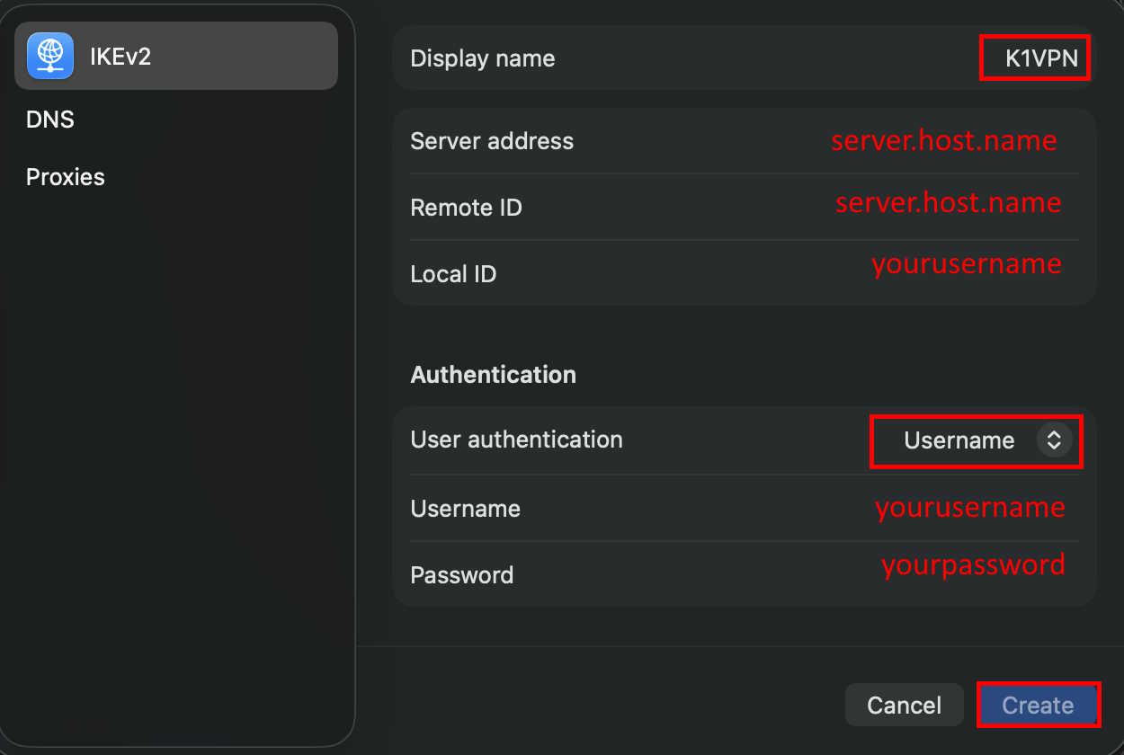 IKEv2 configuration card on macOS