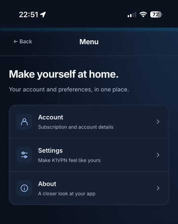 K1VPN app main menu with the Account, Settings and About options