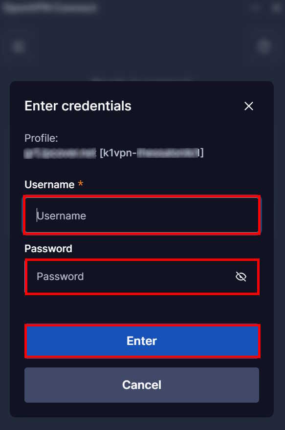 OpenVPN® Connect - entering username and password