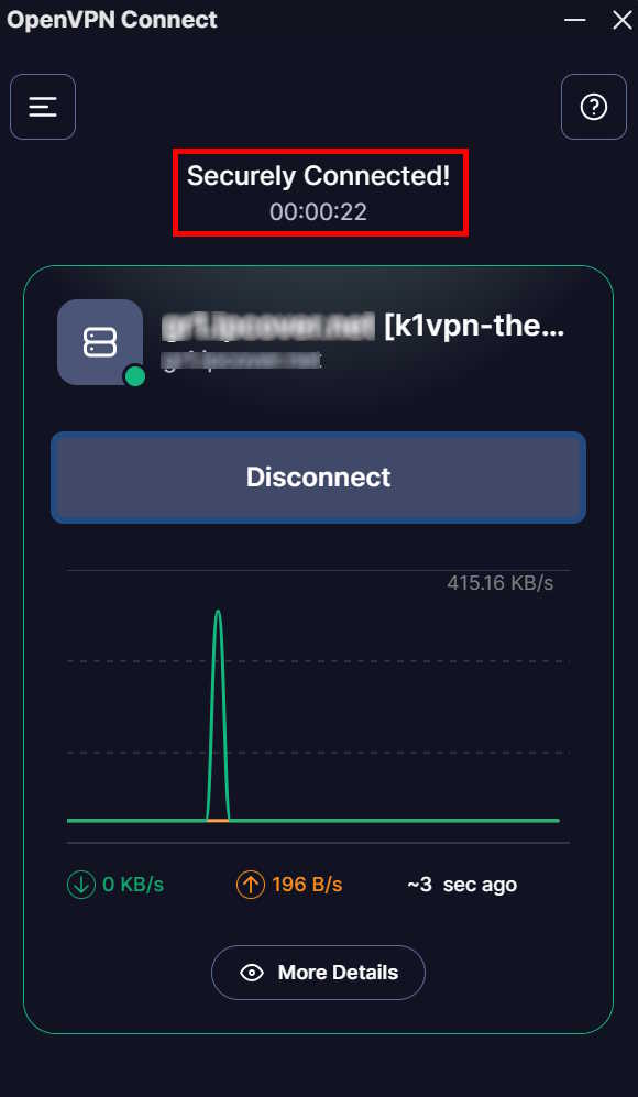 OpenVPN® Connect - connected to K1VPN