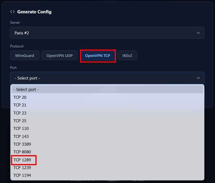 Selecting OpenVPN TCP/UDP and port in the K1VPN dashboard