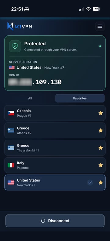 K1VPN app connected to a VPN server, showing the PROTECTED status and the new exit IP