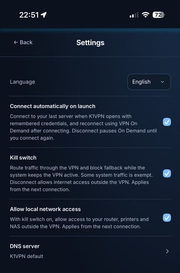 K1VPN app Settings screen with language, auto-connect and KILL SWITCH options