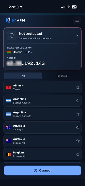 K1VPN app showing the VPN server list by country and an unprotected connection status