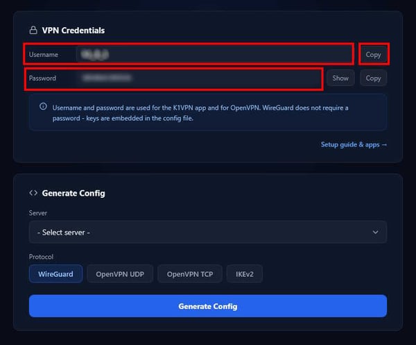 VPN login credentials in the K1VPN dashboard