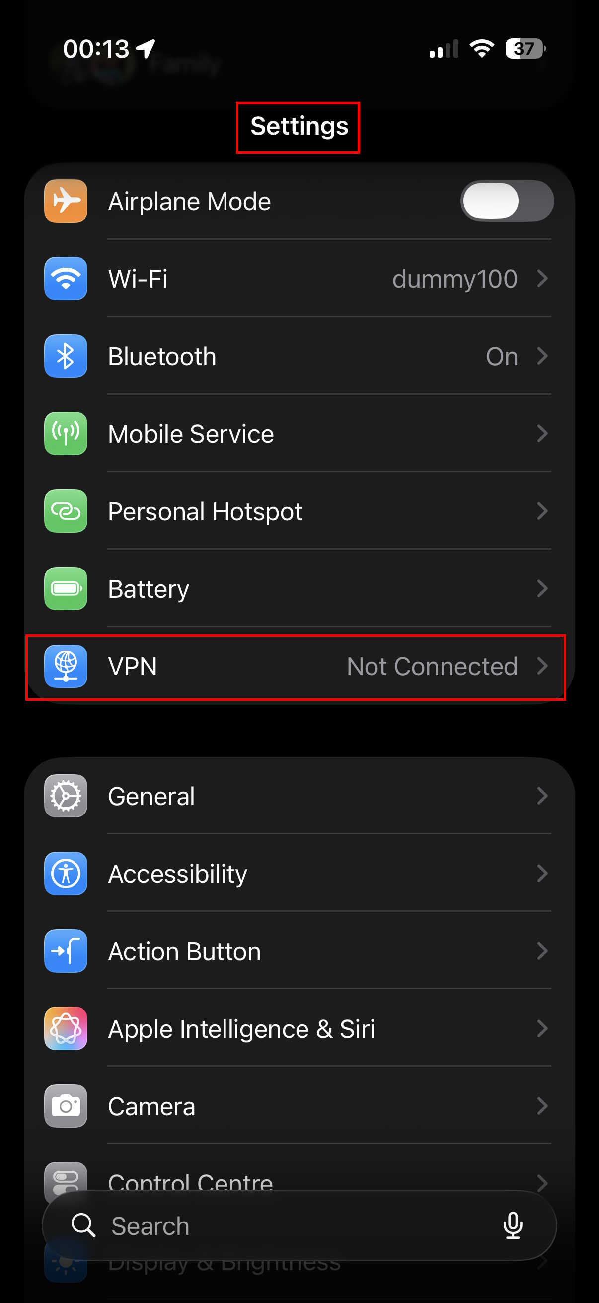 iOS Settings - selecting VPN