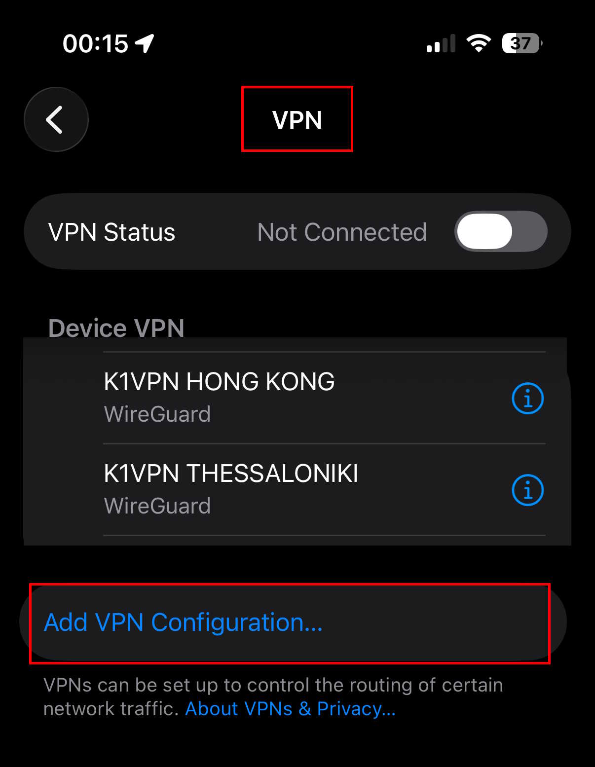 iOS VPN settings - Add VPN Configuration