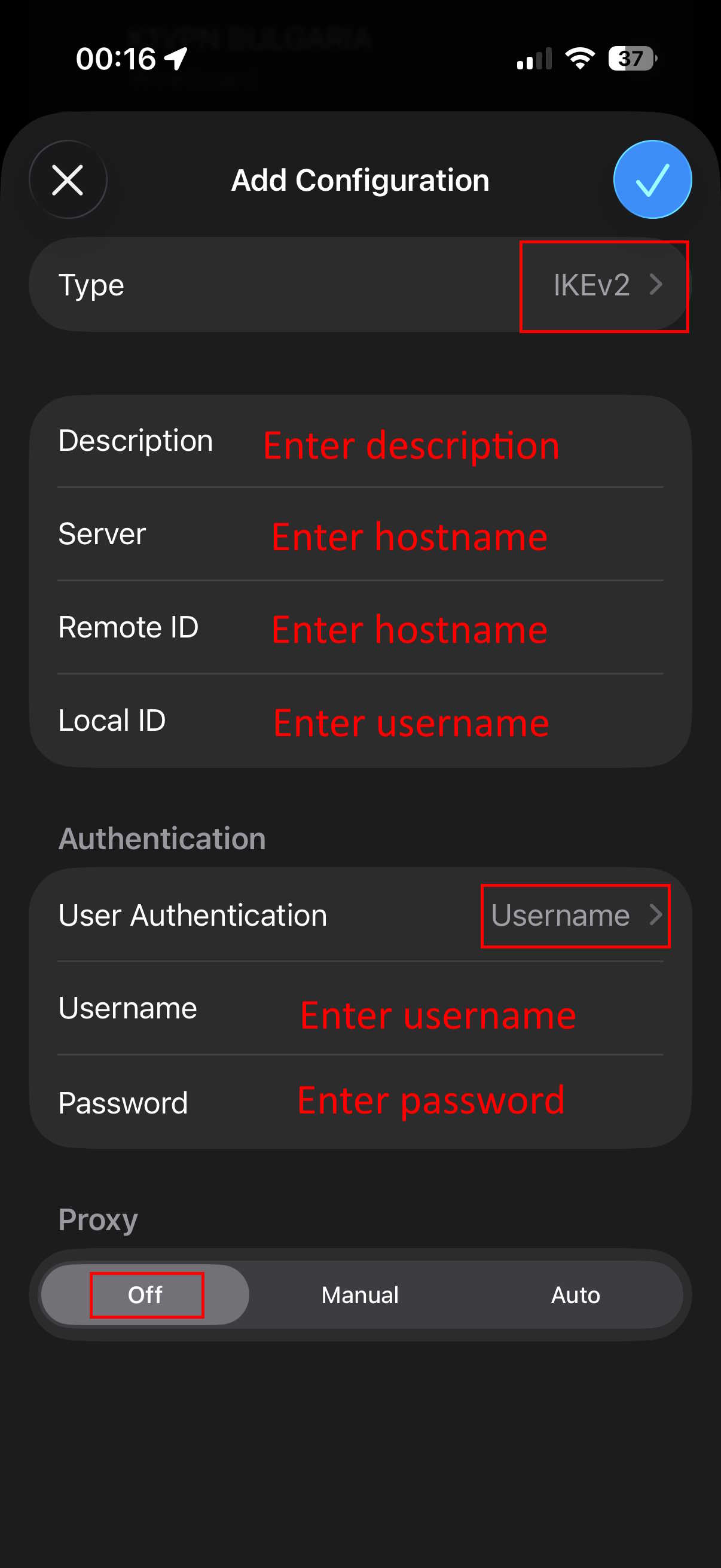 IKEv2 configuration card on iOS