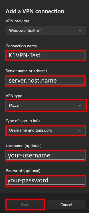 IKEv2 configuration card on Windows