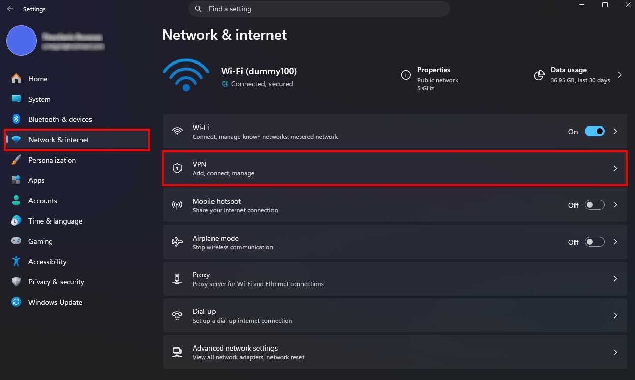 Windows Settings - Network & Internet - VPN