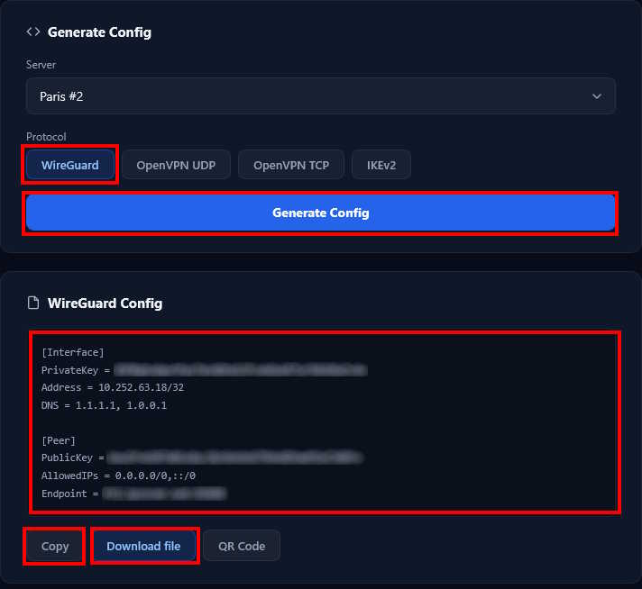 WireGuard® configuration in the K1VPN dashboard - COPY or DOWNLOAD