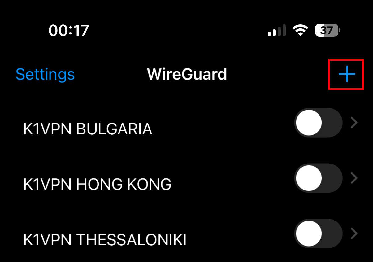 WireGuard® app on iOS - add new tunnel button