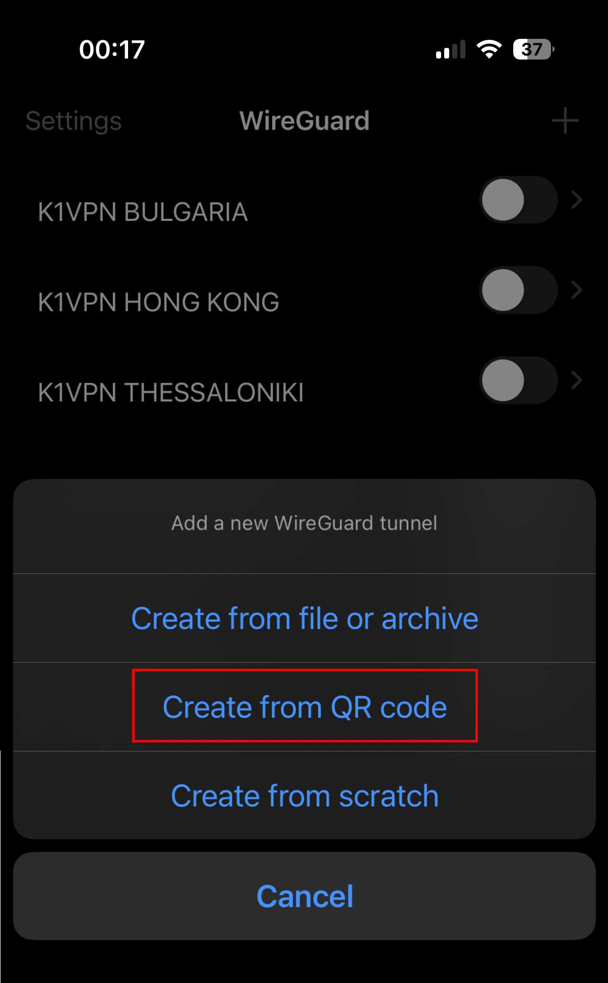 WireGuard® app - selecting Create from QR code