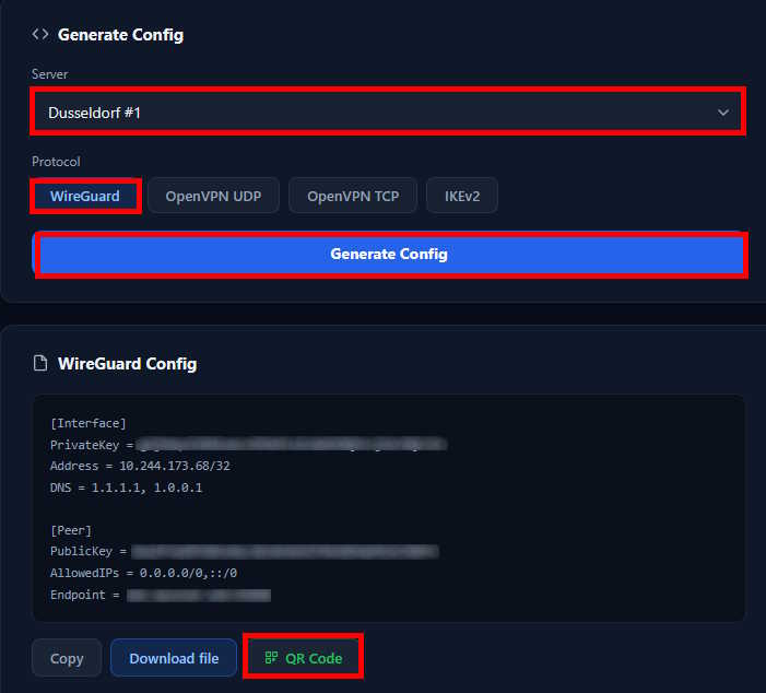 Selecting the WireGuard® protocol and generating a QR Code in the K1VPN dashboard