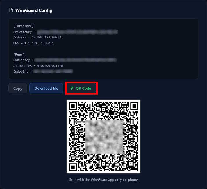 WireGuard® connection QR Code in the K1VPN dashboard